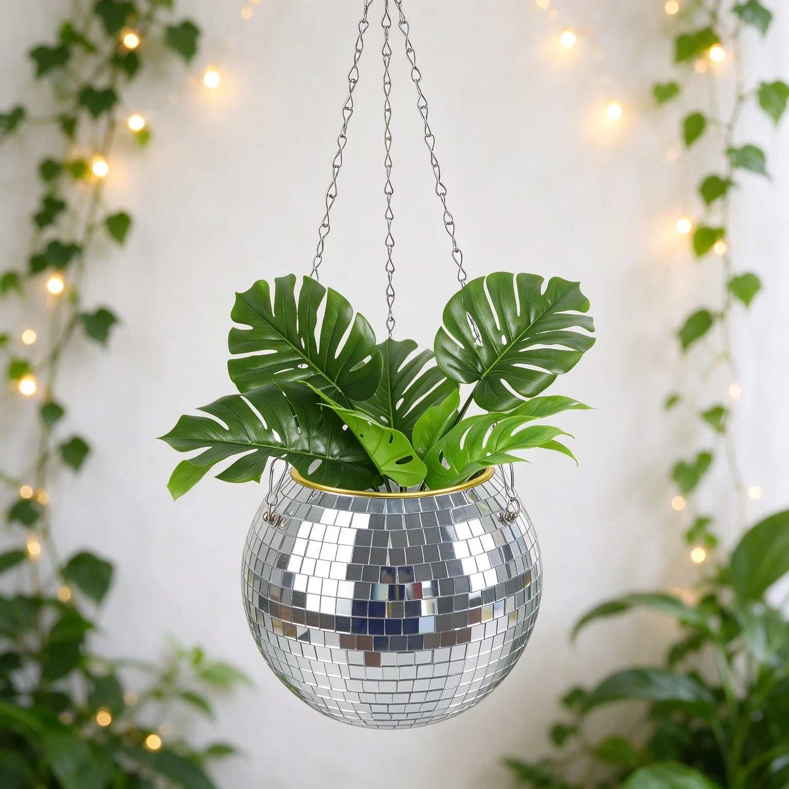 Disco Mirror Ball Hanging Flower Planter Basket Succulent Plant Pot Indoor Home Garden Wall Decor Vase With Wood Ring Chain