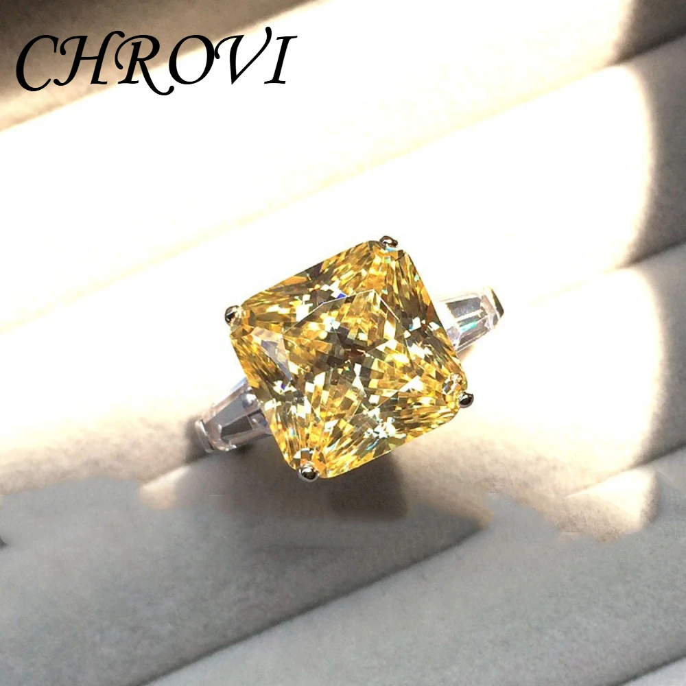 Luxury 925 sterling silver ultra-shiny yellow diamond ring Exquisite zirconian princess square diamond engagement ring for women
