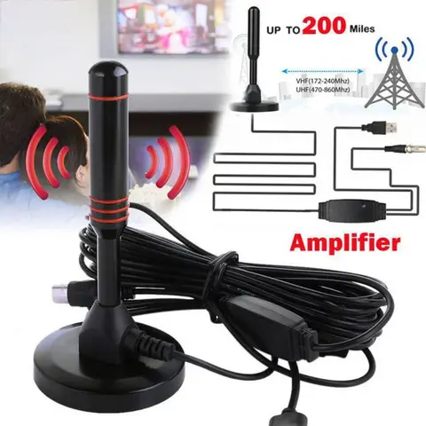 Antena telewizyjna wewnętrzna HD antena zewnętrzna 200 mil wzmocniona antena cyfrowa do odbiornika telewizyjnego DVB-T2 VHF/UHF z podstawą magnetyczną
