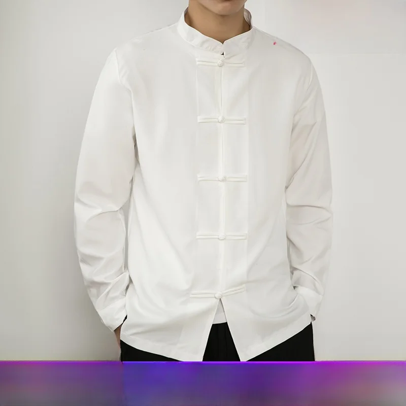 

Handmade Pure Cotton Long Sleeve Men's Shirt with Button Workwear Traditional Chinese Style Tang Suit Tai Chi Base Shirt