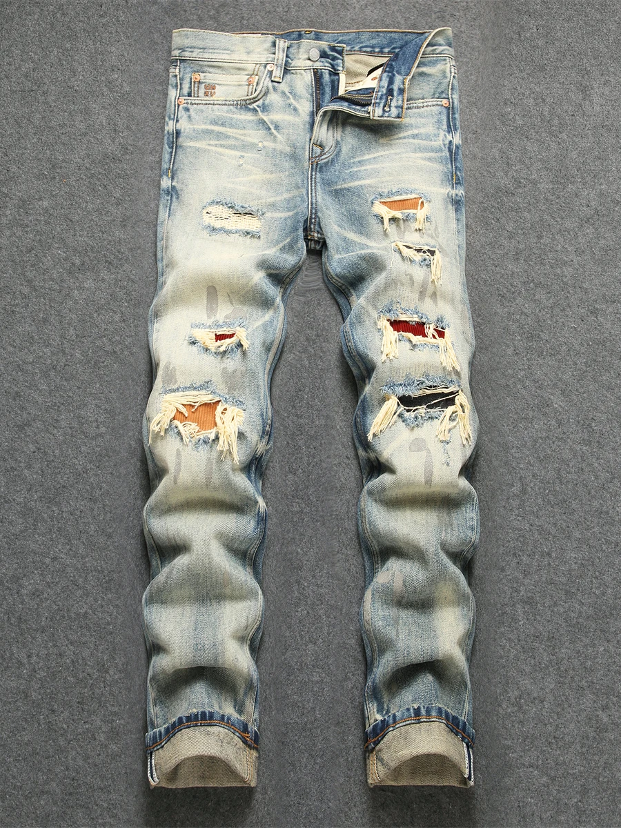 

High-End Men's Denim Jeans Patched Hole American High Street Loose Straight Legwear Long Trousers Cotton 00% Wear Resistant