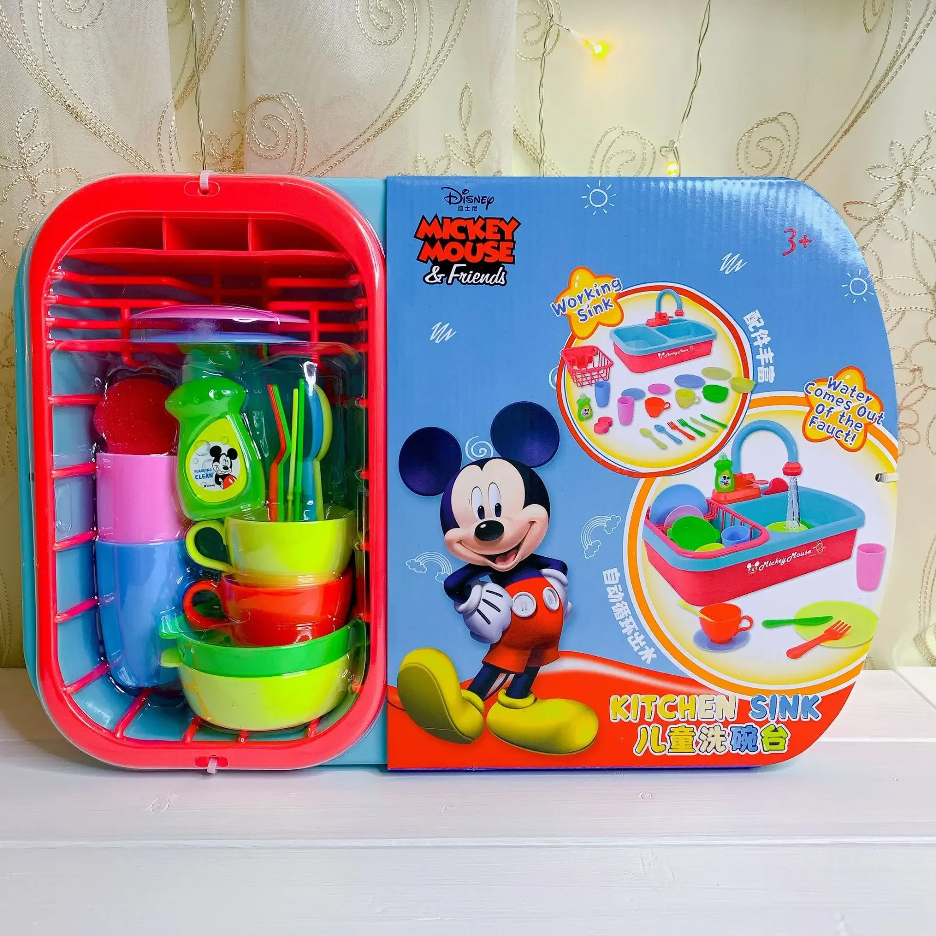 Disney Mickey mouse Kitchen Cooking Electric dishwasher kitchen sink water tap wash dishes game toy Play house Interactive Toy