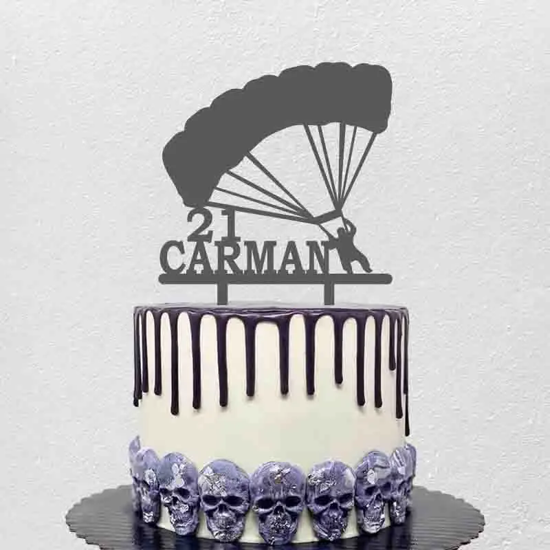 Personalized Extreme Sport Skydiving Cake Topper Custom Name Age Parachute Jump Silhouette For Paratrooper Birthday Decoration