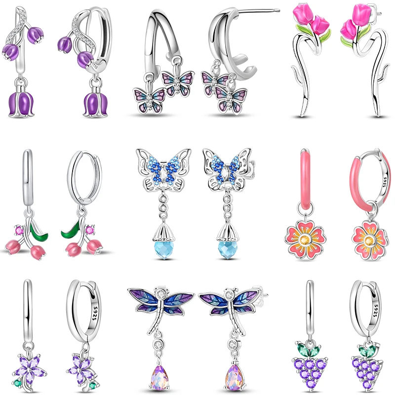 

Свежие серьги из 100% стерлингового серебра 925 пробы ранней весны с подсолнухом, виноградом, тюльпаном и стрекозой, подходят для свадебной вечеринки, ювелирные изделия, подарки