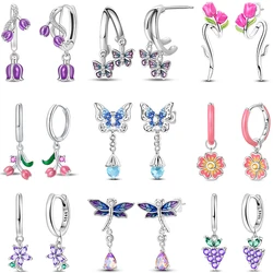 Fresh 100% 925 Sterling Silver Early Spring Sunflower Grape Tulip Dragonfly Earrings Fit For Wedding Party Fine Jewelry Gifts