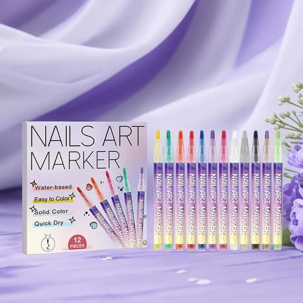 ปากกาเพ้นท์เล็บกันน้ำ 12 ชิ้น ชุดปากกาสำหรับเพ้นท์ลายเส้นและลายดอกไม้ ปากกากราฟฟิตี้อเนกประสงค์ ชุดปากกาเพ้นท์เล็บ