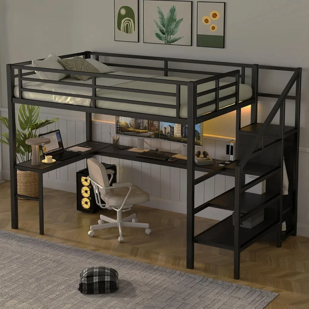 

Full Size Metal Loft Bed with L Shaped Desk and Wardrobe, Heavy Duty Loft Bed Frame with Storage Stairs, LED Loft Bed Frame wit