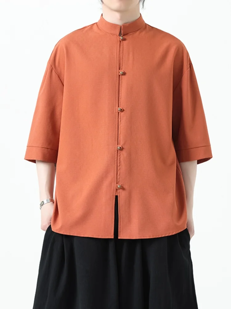 

New Chinese Style Men's Short Sleeve Shirt Summer Vintage Button up Tang Suit Five Sleeve Top Male Improved Hanfu Loose Fit Y...
