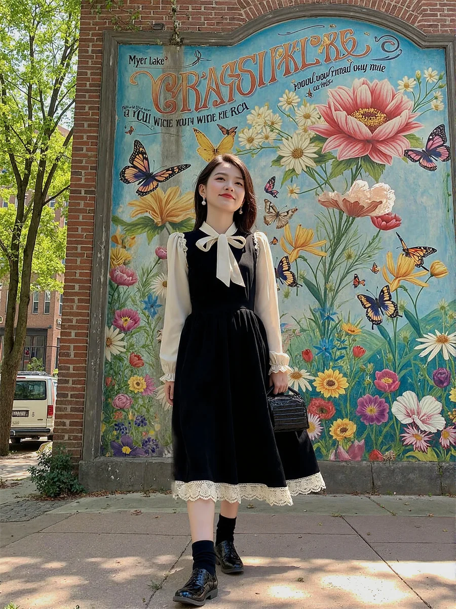 여성용 블랙 드레스 여성 긴 소매 레귤러 핏 프레피 스타일 가을 봄 린넨 컷아웃 반소매 폼핏 비대칭