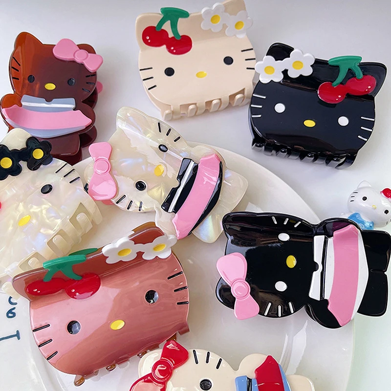 

Sanrio Hello Kitty Kawaii Y2K Anime Black Leather Hair Clip Cartoon Cute Girl Big Clip Hair Bun Hairpin Hair Accessories Gifts