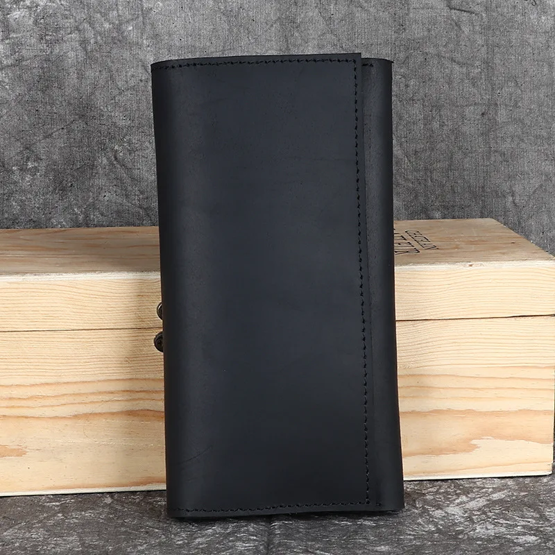 Men's long wallet with leather strap, leather money clip, top-grade cowhide, retro handcrafted bag