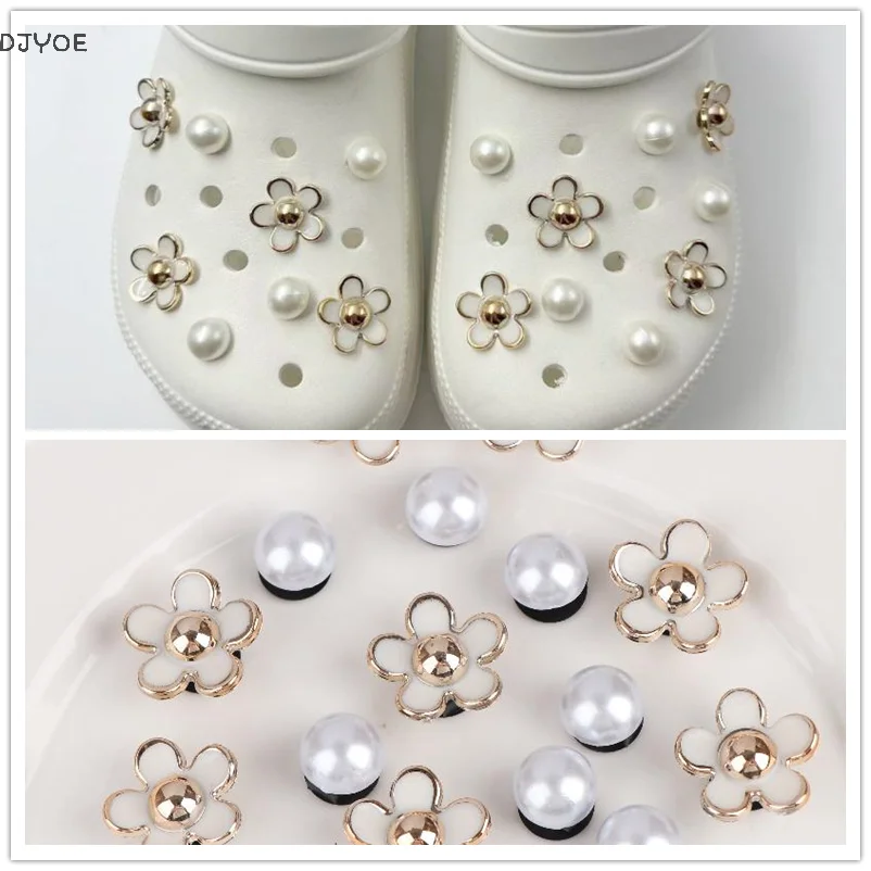 

【AJyoe】16PCS Fashion Shoe Charms Set Accessories Hole Shoe Buckle Summer Cute Pearl Daisies 3D Shoes Decorations