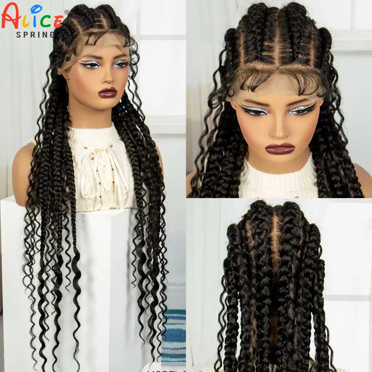 34Inch Cornrow Braided Wigs with Curly Hair Synthetic Full Lace Braids Wigs Lace Frontal Twisted Braided Wig for Black Women