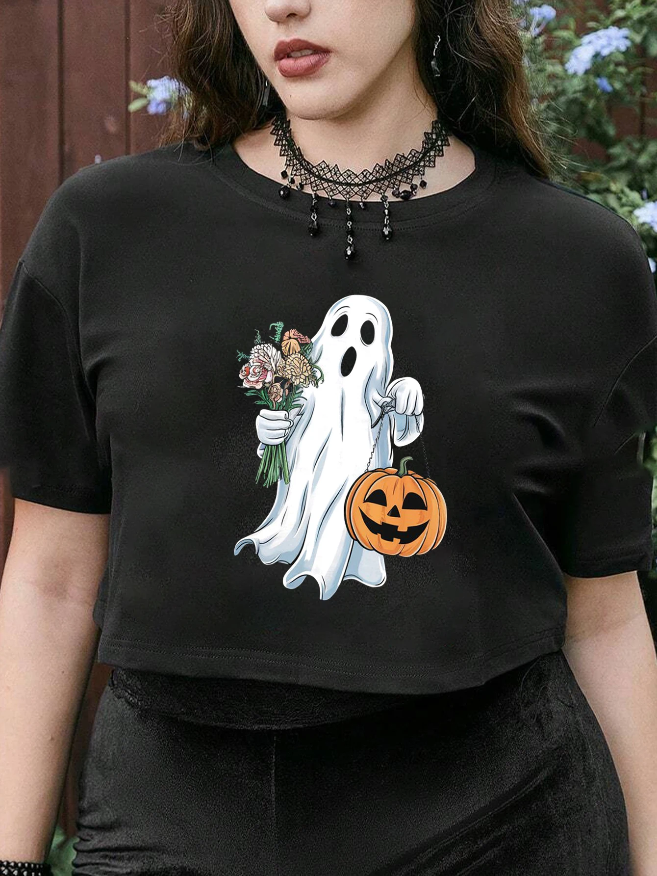 Scared Ghost Flower Pumpkin Women Fashion Crop t Shirt Woman Print Short Sleeved Round Neck Halloween Crop Tee Ropa De Mujer