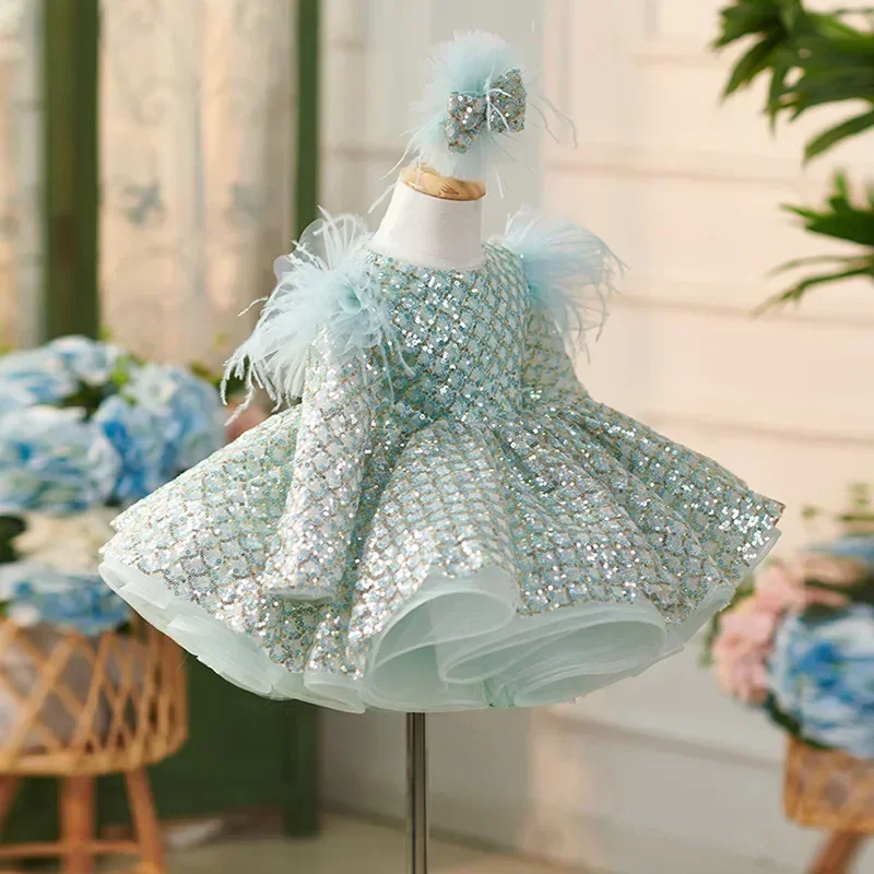 Luxury Sequin Dress Baby Girl Birthday Party Matching Outfit Banquet Clothes Ball Gown for Children Princess Elegant Clothes