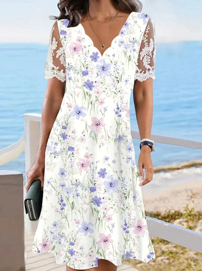 Vestido estampado Floral de encaje de manga corta con cuello en V Vestidos Midi informales una línea Slim Fit empalmado Vestidos playa verano 2025