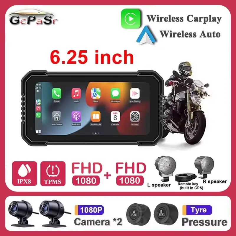 

For Motorcycle 6.25'' Touch Screen Waterproof Wireless Carplay Android Auto With GPS TMPS Anti-shake Night Version Cameras Video