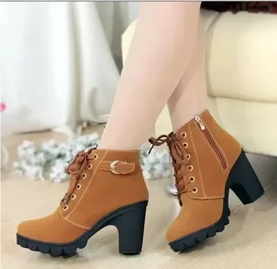 Winter High Heeled Women Boots Cross Straps Short Boots Comfortable Waterproof Boots Warm Plus Size 42 Botas Femininas