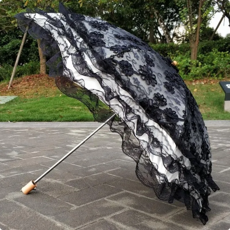 Pink 2‑Fold Princess Parasol Lace Embroidery Sequins Sun Umbrella Anti‑UV Vinyl Canopy Parasol Rain‑Sun Dual Fashion Umbrella