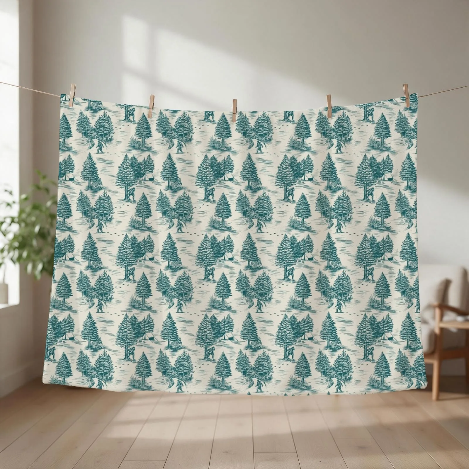 Bigfoot / Sasquatch Toile de Jouy in Teal Throw Blanket decorative Soft Fashion Sofas Plaid on the sofa Blankets