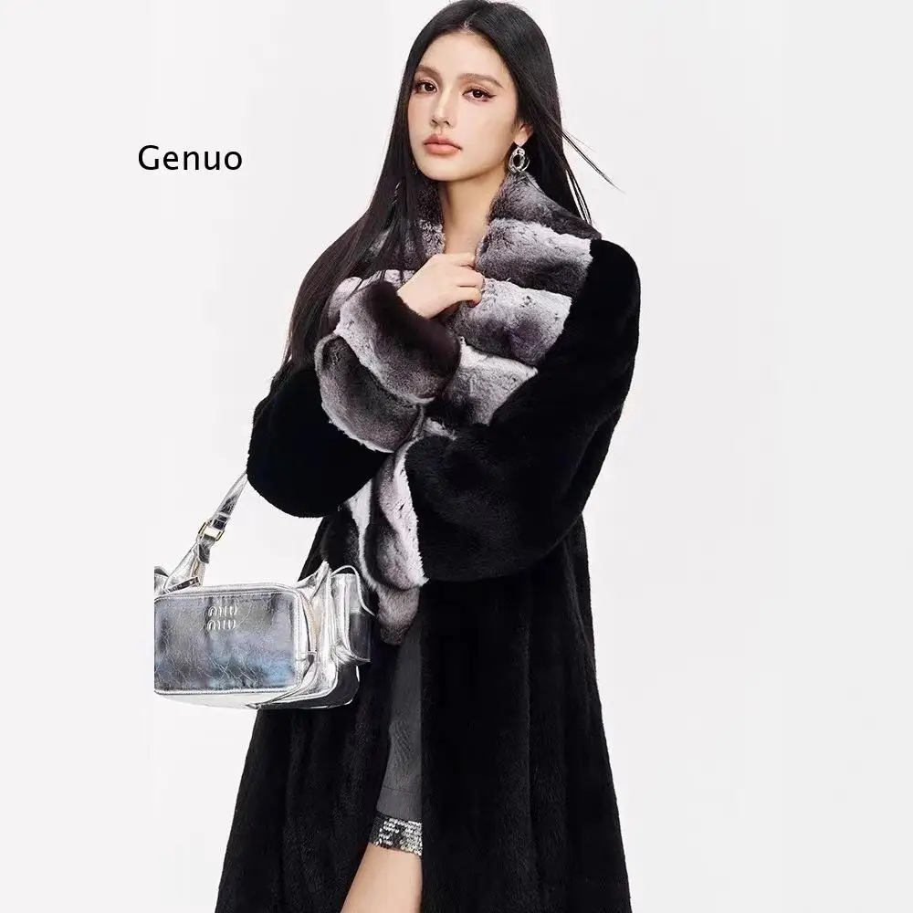 Women's Winter Fashion Faux Mink Fur Coat Long Style Velvet Large Fur Collar Warm Outerwear