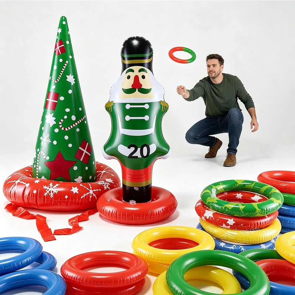 Christmas Inflatable Ring Toss Game Set Nutcracker & Christmas Tree Hat Inflatable Toys Christmas Party Throwing Ring Game