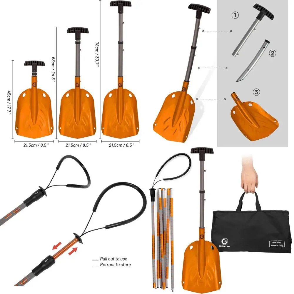 

Lightweight Aluminum Snow Shovel with Folding Design, Snow Probe, Storage Bag, Easy Storage and Carry, Orange