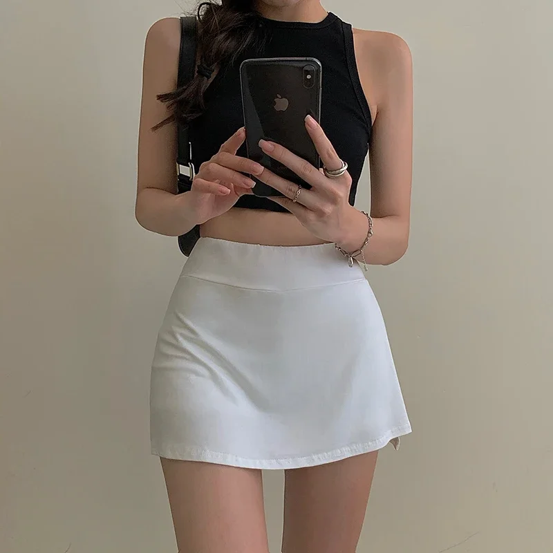

Black White Split Mini Skirts Women Summer Sexy Girls Sporty High Waist Slit Skirt Casual Fashion Slim A Line Skirt