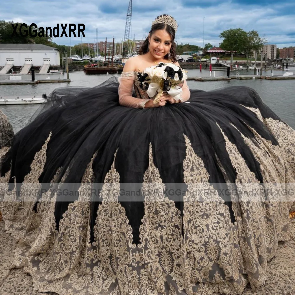 Luxury Black Ball Gown Quinceanera Dress 2024 Applique Long Sleeves Sweet 15 16 Yearls Birthday Party Vestidos De XV Años Miss