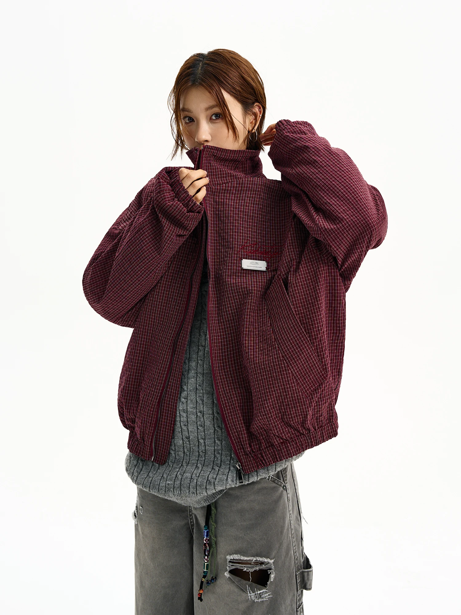 

Куртка Damon Island Chen Wei Ting в клетку на молнии, в стиле ретро, американский спортивный стиль, уличный, свободный крой, молодежная мода, осенняя одежда