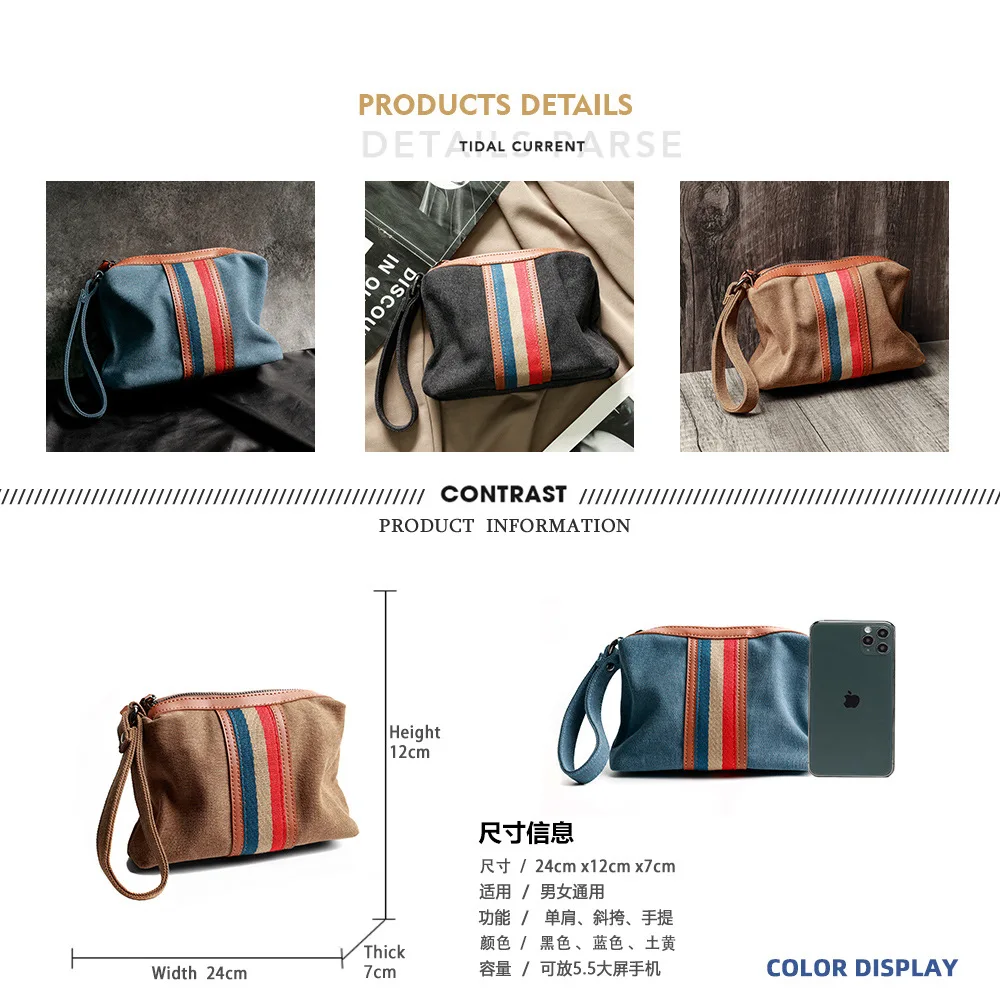 2025 Bolso de mano de lona de cuero a rayas Bolso de mano de marca de moda informal para hombre Teléfono para hombre