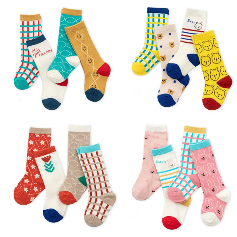 4Pairs Pack Spring and summer cartoon boy and girl baby socks infant children long tube bright color medium tube socks