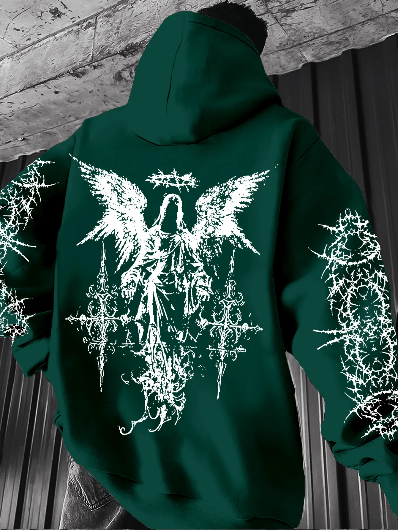 Goth dark aesthetic men's hooded sweatshirt with distressed angel thorns print, casual loose long-sleeved pullover shirt