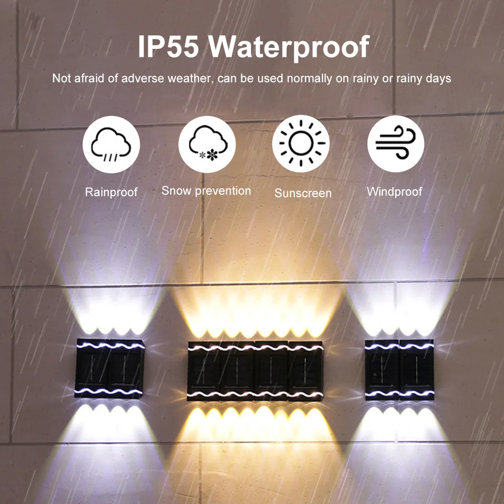 4 LED Lâmpada de parede Solar Outdoor Waterproof Up and Down Luminous Iluminação Jardim Decoração Solar Luzes Escadas Fence Sunlight Lamp