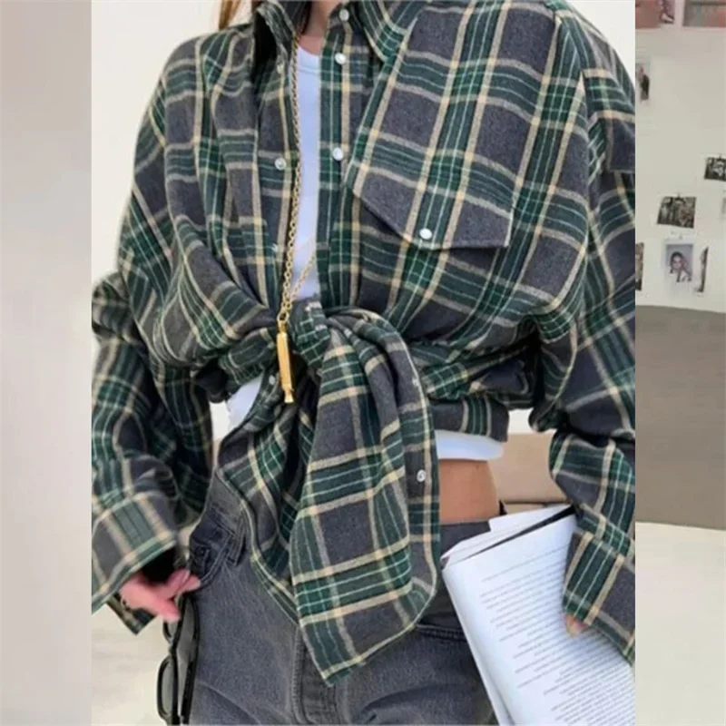 Autumn Elegant Gingham Print Women Commuter Shirt Lapel Single-breasted Cardigan Loose Blouse Female Double Pocket Patchwor Tops