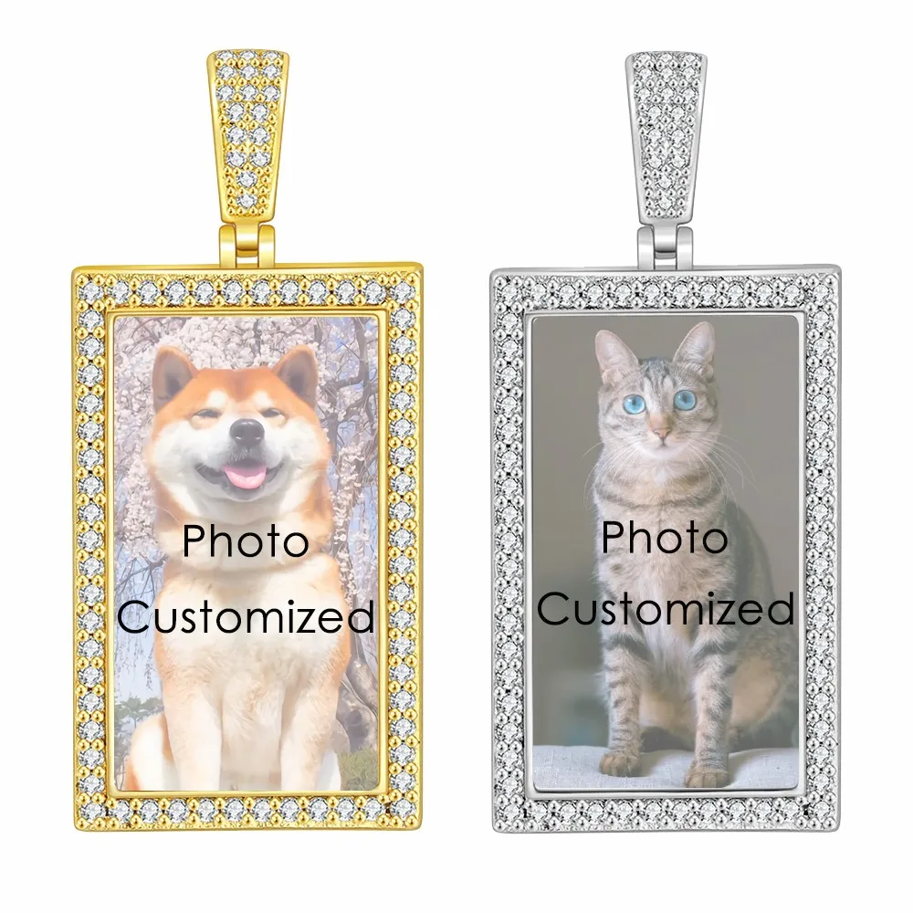 Rectangle Photo Custom Pendant Necklace For Women Men Iced Out Hiphop Picture Neck Chain Jewelry Family Anniversary Memory Gift