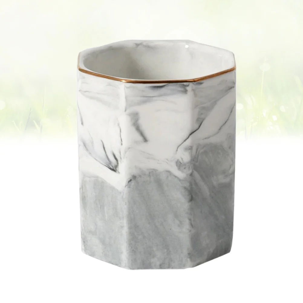 1Pcs Marble Pattern Ceramic Storage Cup Grey Gold Rim Organizer Pen Holder Nordic Style Makeup Brush Container