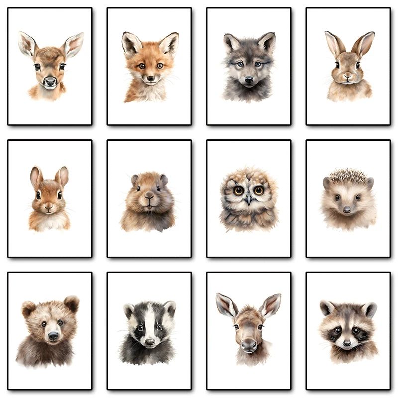 Woodland Animals Owl Rabbit Fox Raccoon Poster Print Canvas Painting Modern Wall Art Picture for Kid Room Nursery Home Decor