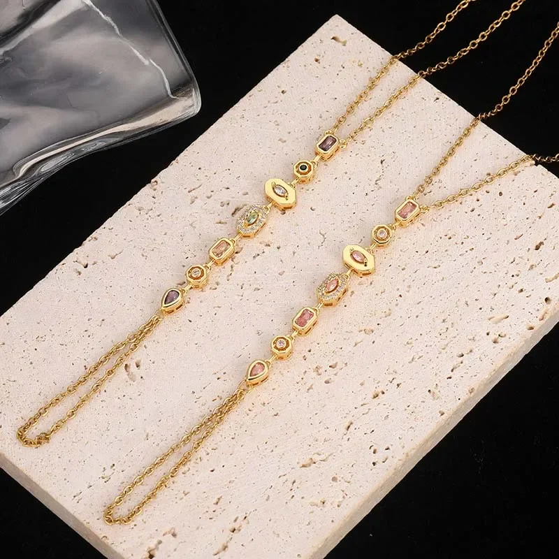 Pulsera de cadena de mano de acero inoxidable con cristales de colores para mujer, brazalete de moda con gota de agua en color dorado, joyería para la mano.