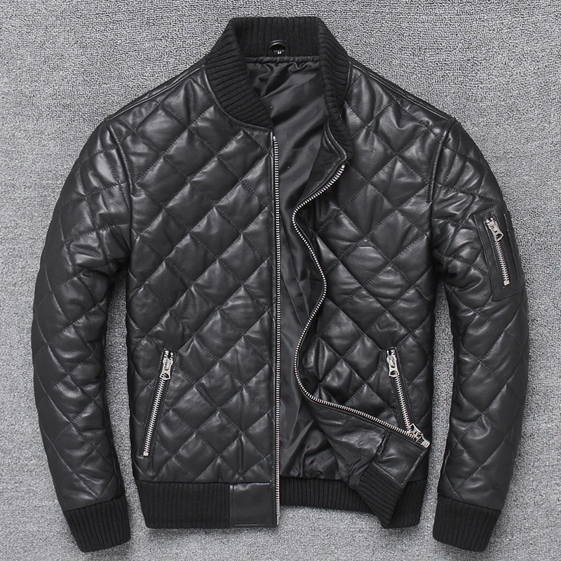 New 20 Men's Genuine Sheepskin Leather Jacket Slim Fit Baseball Style Winter Warm Casual Leather Coat Zipper Closure Short Le...