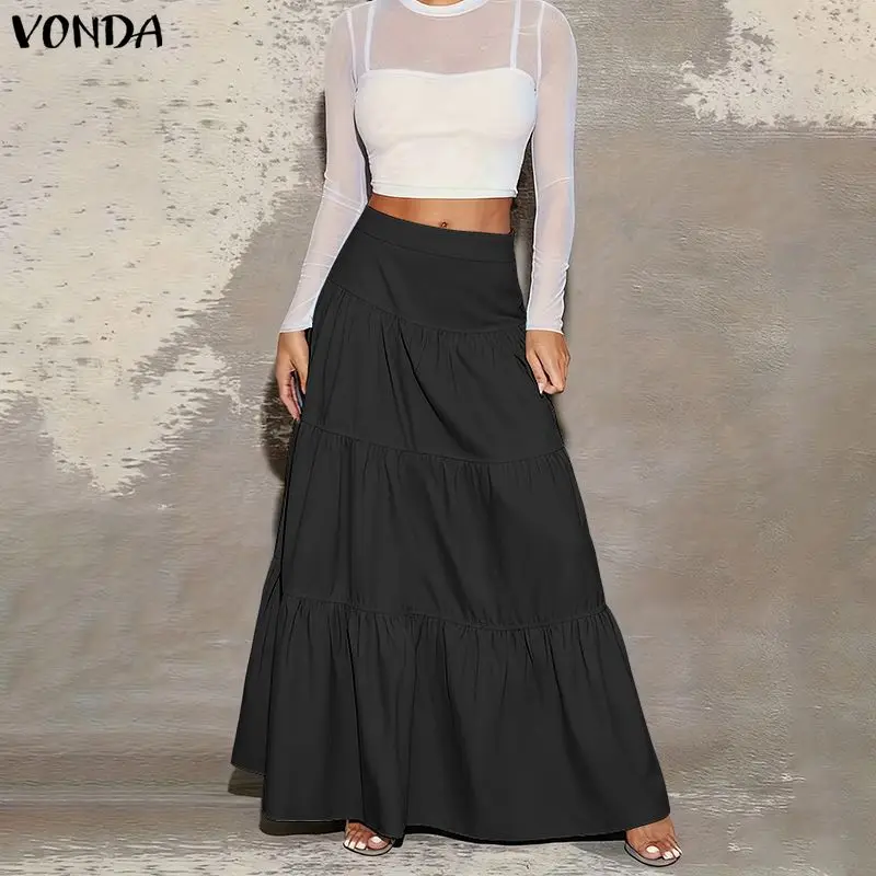 Vonda elegante escritório maxi saias femininas cintura elástica jupes faldas saia moda casual solto babados bolo saias longas overskirts