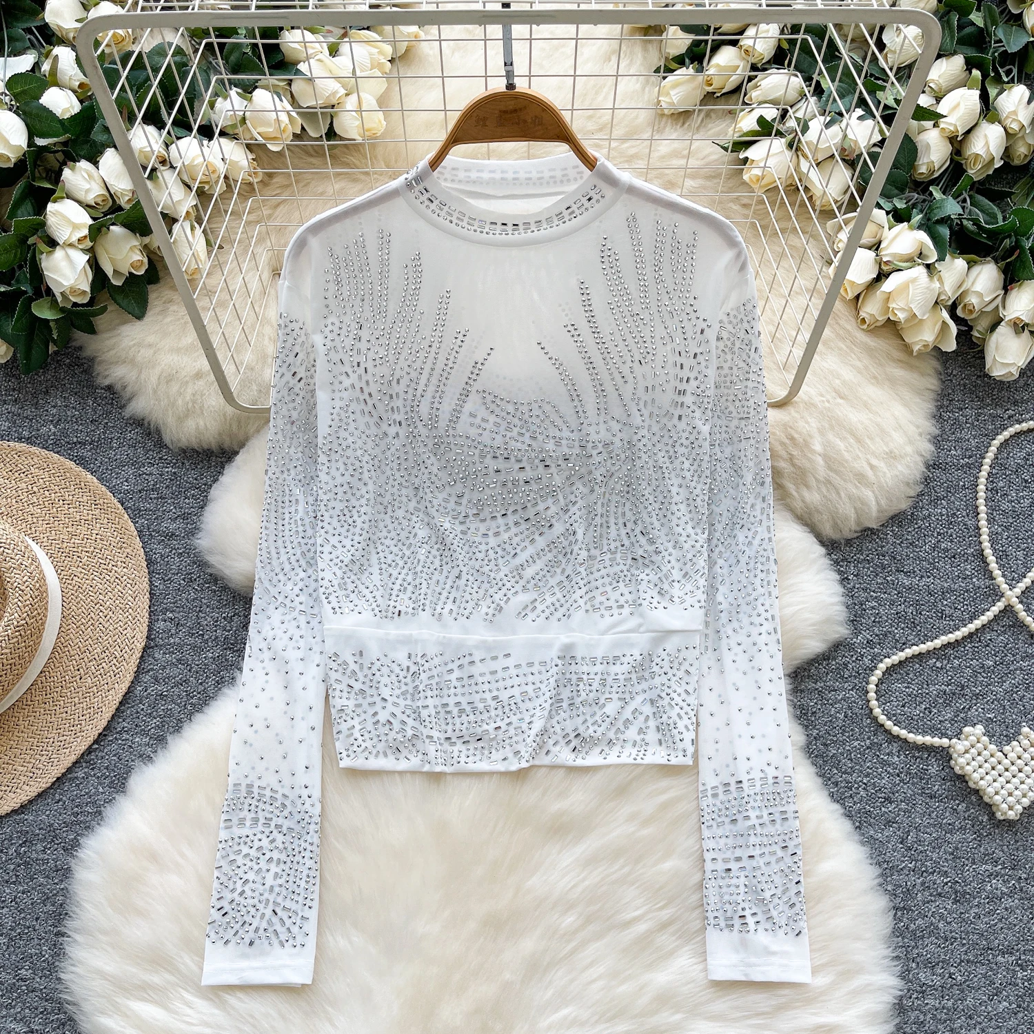 

Elegant Sexy long sleeve rhinestone O-Neck Top Women Korean Fashion High Street Autumn Clothing