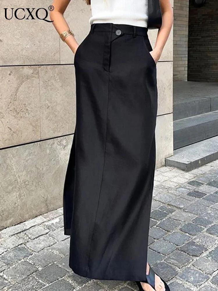 

UCXQ Elegant Women's Skirt Office Lady Black All Match Temperament High Waisted Fashion Black Skirt 2024 New Spring Autumn C1059