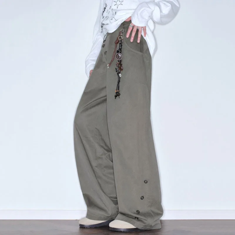 HKSH Women's Casual Pants Elegant Fashion Diagonal Placket Buttons Design Patchwork Loose Niche Stylish Wide Leg Bottoms HK26482