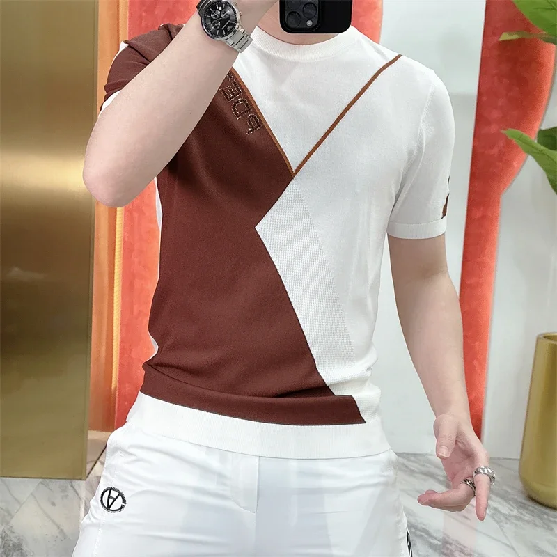 2023 Summer Slim Fit Elastic Patchwork Casual T-shirt Men Round Neck Thin Knitted Ice Silk Short Sleeve T-shirt for Men Clothing