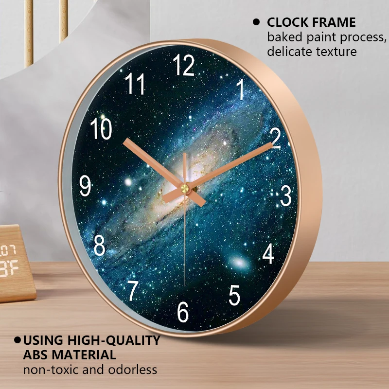 Galaxy Wall Clock Silent Non-Ticking Round Clock Black Rose Golden Frame Starry Sky Design for Living Room Bedroom Home Decor