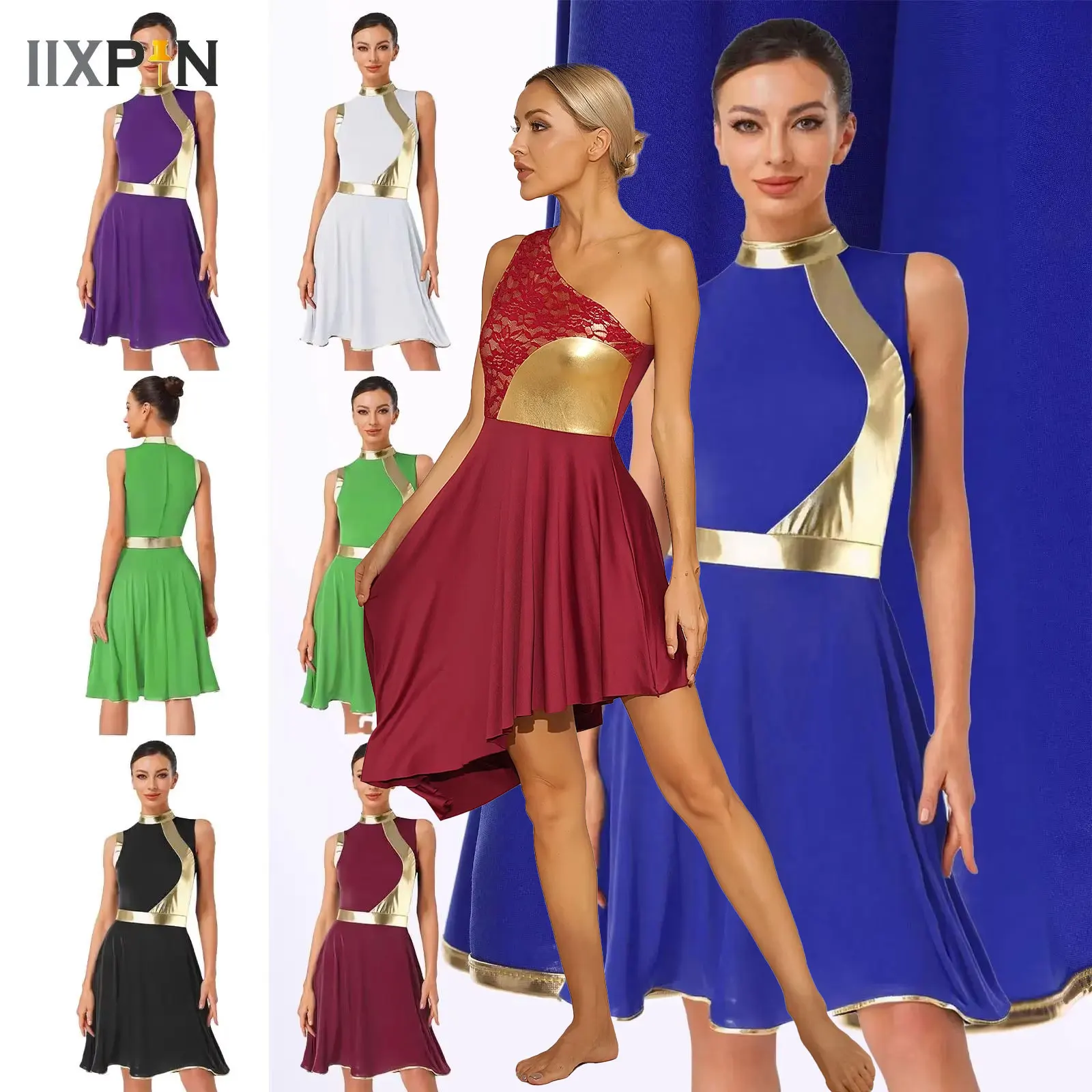 

Womens Liturgical Worship Dance Costume Ballet Lyrical Dress Metallic Patchwork Spirit Praise Choir Church Dresses Dancewear
