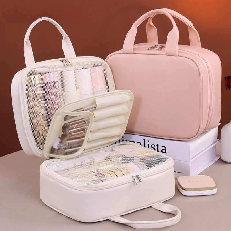 

Многофункциональная косметичка для женщин из искусственной кожи, большая вместительная портативная двойная молния, дорожная сумка для хранения кистей для макияжа, туалетных принадлежностей