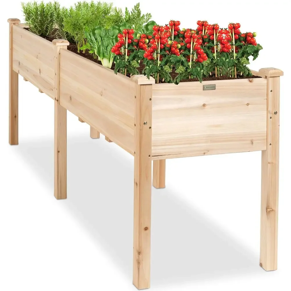 72 x 24 x 30 Inch Durable Elevated Garden Bed with Divider, Suitable for Patios and Balconies, 300lb Capacity - Natural Wood