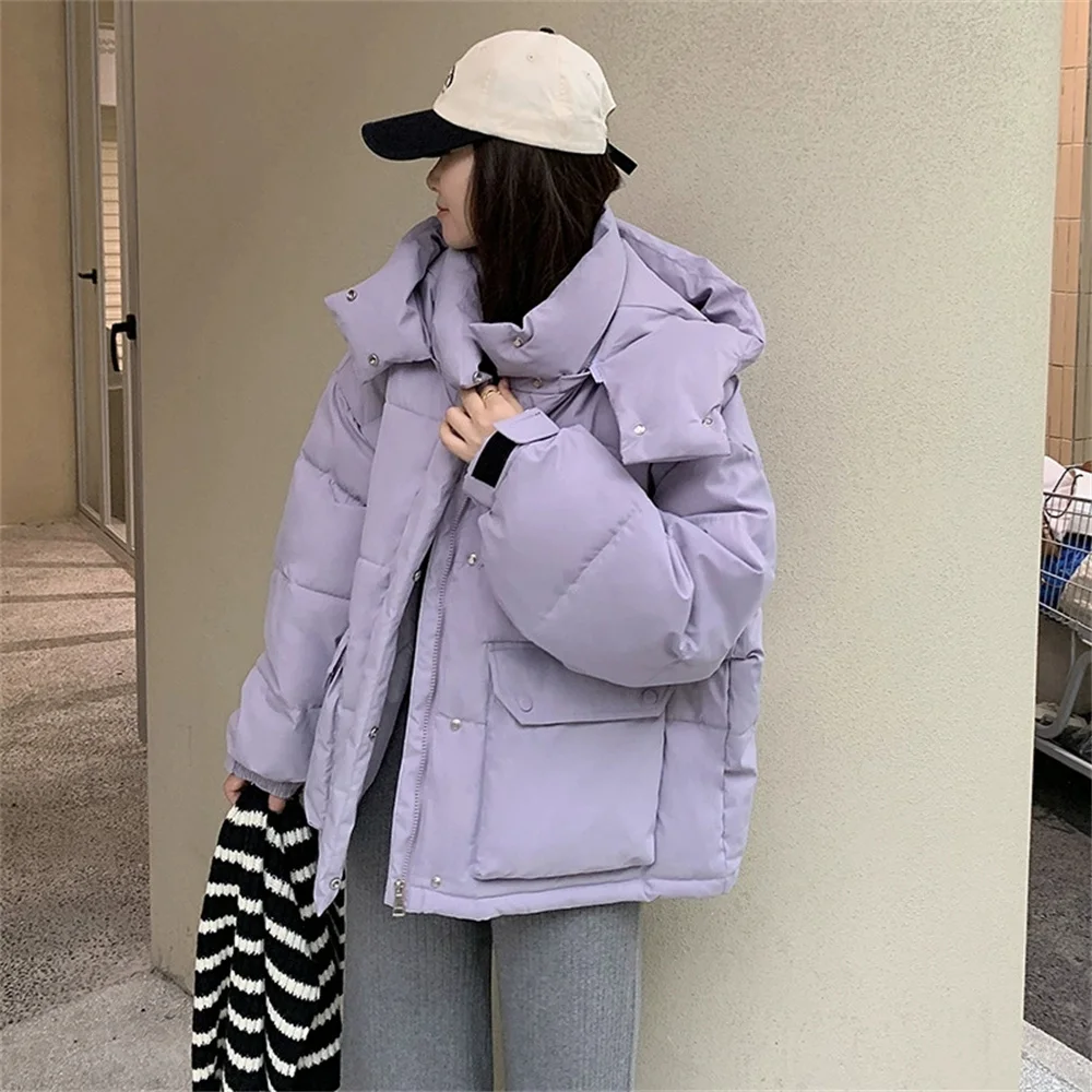 

Ladies Solid Color Fashion Simple Pockets Women Parkas Purple Korean Loose Hooded Jacket Coat Female Parkas Winter Basic Office